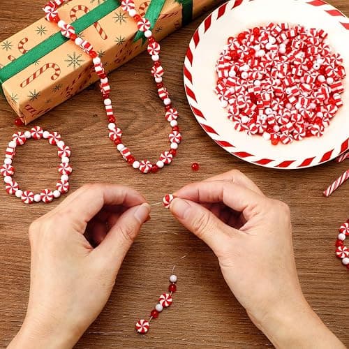 UPINS 1500Pcs Christmas Red and White Beads for Jewelry Making Xmas Candy Polymer Clay Beads for Holiday Necklace Bracelet Earring Craft and Christmas Tree Ornaments thumbnail 2