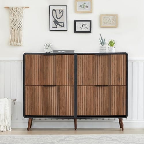 47" Fluted Large Shoe Cabinet with 4 Flip Drawers, Slim Freestanding Shoe Cabinet Organizer, Narrow Shoes Storage Rack for Entryway, 5 Sturdy Legs (Walnut and Black, 9.45" D x 47.24" W x 35.83" H) - Walnut and Black - 9.45"D x 47.24"W x 35.83"H thumbnail 3