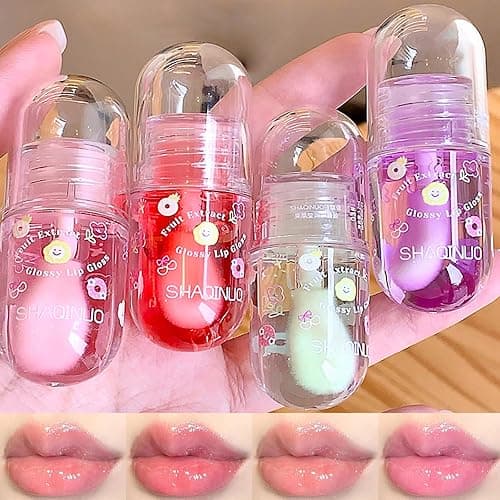 DENESTUP 4 Pcs Lip Gloss Oil Set, Fruit Flavored Lip Gloss Set Cute Lip Jelly Hydrating Lip Make-Up for Kids and Teens, Kid Friendly, Party Gift, Non-toxic - pink - 1 Count (Pack of 6) - Image 1