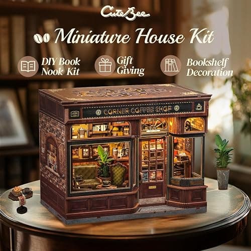 CUTEBEE Book Nook Kit - DIY Miniature House Coffee Shop Dollhouse Kit for Adults and Teens, Booknook Tiny House Bookshelf Decor 3D Wooden Puzzle, Gifts for Family, Friends (Corner Coffee Shop) thumbnail 4