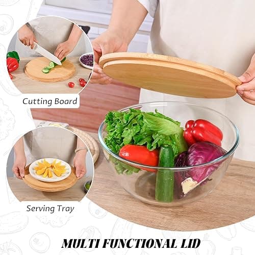 LOVYANXUE 10.6" Glass Salad Bowl with Lid, 4.7 Quart Large Capacity Serving Bowls and Mixing Bowls with Utensils, Versatile Serving Dish for Salads,Fruits,Pasta,Popcorn,Trifle Bowl, Microwave Safe - Clear thumbnail 4