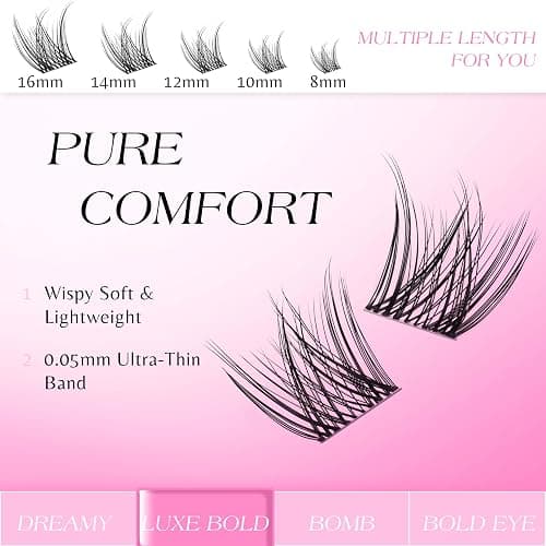 VEYESBEAUTY Lash Clusters Individual Eyelash Extensions Thin & Invisible Band DIY False Eyelashes for Self-application Newbie's Five-Second Series Wispy Lash Tray, LuxeBold 8-16mm Mixed Length thumbnail 4