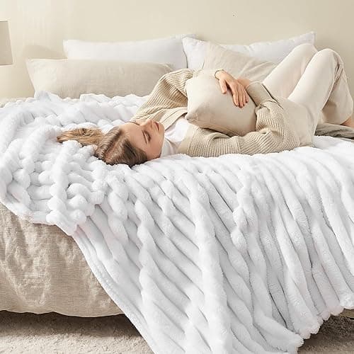 NEWCOSPLAY Super Soft Twin Blanket White Premium Silky Flannel Fleece 3D Ribbed Jacquard Lightweight Bed Blanket All Season Use (White Ribbed, Twin(60"x80")) - White Ribbed - Twin(60"x80") thumbnail 5