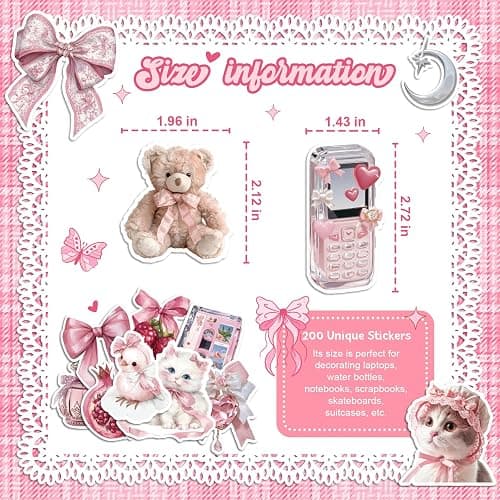 200 PCS Coquette Stickers, Pink Aesthetic Waterproof Vinyl Stickers for Girls, Preppy Sticker for Laptop, Water Bottles, Guitar Computer thumbnail 8