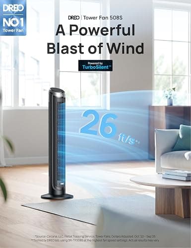 DREO Smart Tower Fan for Bedroom, 90° Oscillating 40" Standing Fan, 26ft/s High-Speed 5 Speeds 4 Modes, Quiet Room Floor Fans, Touch/Remote/APP & Voice Control, Work with Alexa, 12H Timer, Silver thumbnail 3