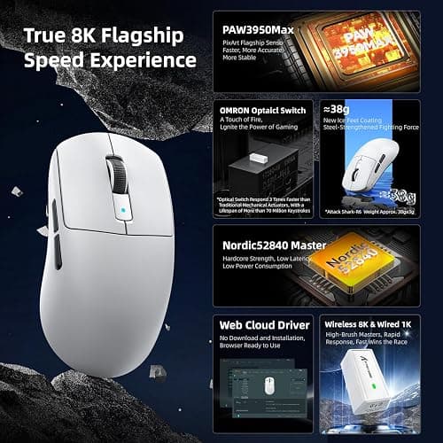 MAMBASNAKE x Attack Shark R6 39 g Superlight Mouse, PixArt PAW3950MAX Capteur de Jeu sans Fil 8K, MCU Nodic 52840, BT/2.4G/Souris de Jeu Filaire, DPI 42000, réglable pour Win11/Xbox/PS/Mac - Blanc thumbnail 3