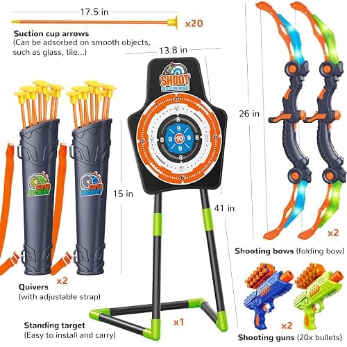 GMAOPHY Bow and Arrow for 5 6 7 8 9 10 11+ Year Old Boys, Birthday Gift for Kids, Indoor Outdoor Activity Toys, 2 Pack LED Light Up Archery Toy with 20 Suction Cup Arrows, Standing Target - Green thumbnail 7