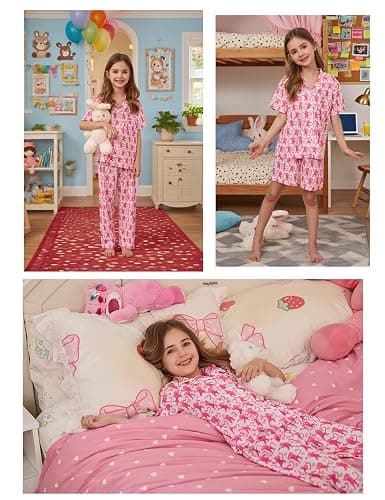 SWOMOG Kids Pajamas Sets 3PCS Short Sleeve Long Pants with Shorts Girls Boys Button Down PJS Cute Loungewear for 4T-15Years, thumbnail 6
