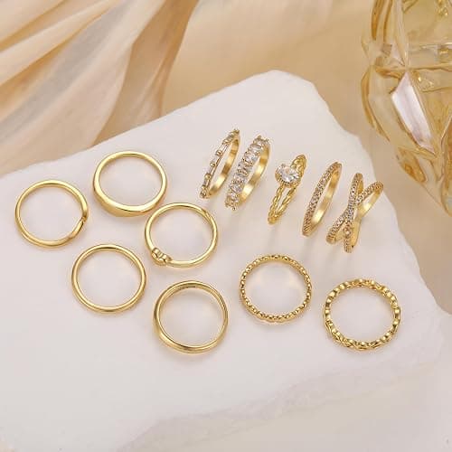 12 PCS Dainty 14K Gold Rings for Women, Eternity Open Chunky Twist Simulated Diamond Criss Cross Designs, Non Tarnish Gold Plated Stacking Thumb Ring, Perfect for Wedding Bands Size 5-11 thumbnail 4