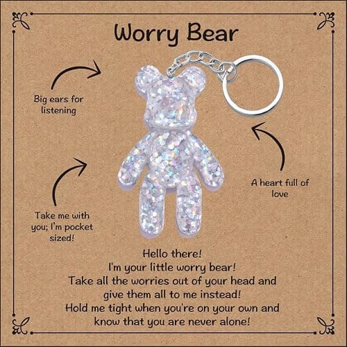 Worry Bear Keychain, Comforting Gift for Him Her, Back to School Mental Health Gift, Anxiety Relief, Positivity Keyring - Image 1