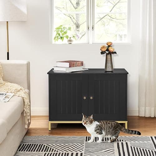Homhedy Cat Litter Box Enclosure, Cat Washroom Furniture with Metal Frame, Pet House, Fit Most of Litter Box, Modern Style, Black and Gold thumbnail 7