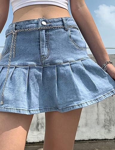 Yeokou Y2K Low Waisted Built-in Shorts Denim Skirt 2000s A-line Ruffle Pleated Mini Jean Skort for Streetwear Club thumbnail 6