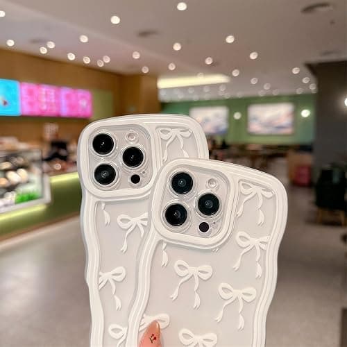 rozouai Compatible for iPhone 15 Plus Case for Women Girls,Cute Bowknot Pattern Curly Wave Wavy Frame Shape Shockproof Soft with Bowknot Bracelet Chain thumbnail 3