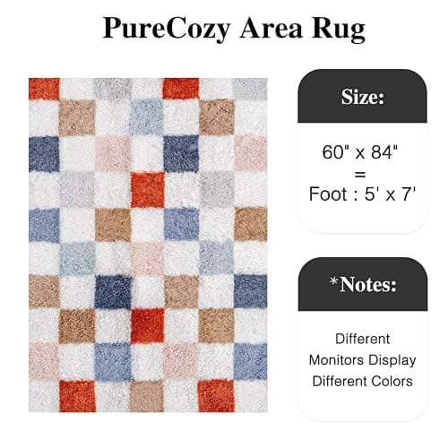 PureCozy Checkered Rug 5x7 for Living Room, Modern Rainbow Shag Rug Super Soft Washable Indoor Fuzzy Carpet Non-Slip Fluffy Rugs for Bedroom Home Aesthetic Decor thumbnail 3