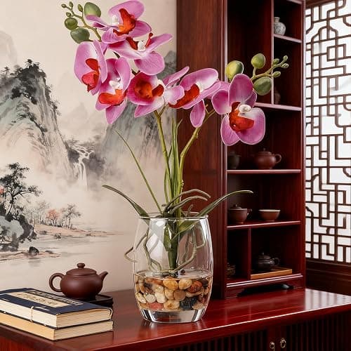 Artificial Purple Orchid in Glass Vase, Lifelike No-Maintenance Decor | Phalaenopsis Arrangement, 14.5 Inch Centerpiece for Home Office Table Decor, Realistic Faux Orchid with Potting thumbnail 5