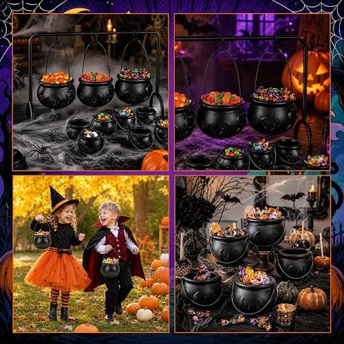 Halloween Cauldron Table Decor, Set of 12 Large and Mini Black Plastic Hanging Cauldron Bowls with Iron Rack, Witches Cauldron Candy Serving Bowl for Party Home Kitchen Hocus Pocus Indoor Decorations thumbnail 7