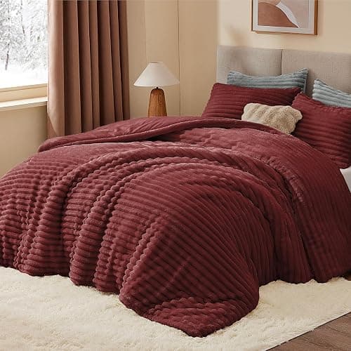 BEDELITE Fleece King Comforter Set -Super Soft & Warm Fluffy Burgundy Bedding, Luxury Fuzzy Heavy Bed Set for Winter with 2 Pillow Cases thumbnail 3
