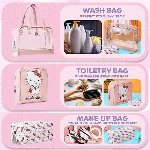Get Trend Hello Kitty Sanrio Kawaii Makeup Bag 3 Pc Set for Girls, Teens | Clear Travel Toiletry Bag with Handles, Zipped Cosmetic Case & Makeup Pouch for Skincare, Brushes, Gifts for Girls, Women thumbnail 4