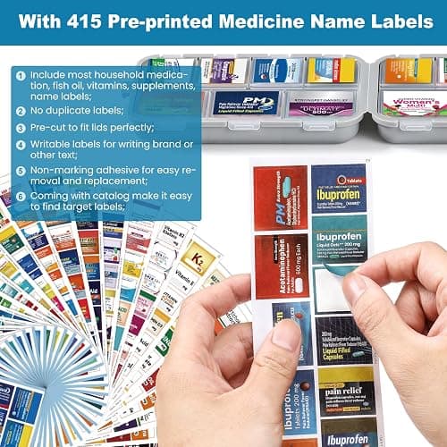 3 Pack | 14 Grids | Travel Pill Organizer Box | 415-Pcs Medicine Name Labels | Khaki+Grey+Sky Blue thumbnail 2