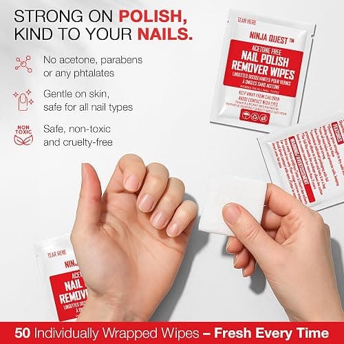 Nail Polish Remover Pads - 100% Non-Acetone - 50 Pack Bulk Set - Individually Wrapped - Quick Nail Polish Remover Wipes - Fingernail Travel Kit to Clear Nail Polish for Home & Professional Removal thumbnail 2