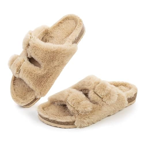 FITORY Womens Open Toe Slipper with Cozy Lining,Faux Rabbit Fur Cork Slide Sandals Size 6-11 - Image 1