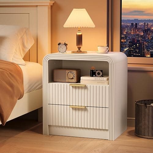 Decofy Fluted Nightstand with Charging Station, 19.7'' Wide Morden End Table with USB/Type-C Ports, 2 Drawers & Open Shelf, Curved Profile Design, Wood Bedside Table for Bedroom (White) thumbnail 7