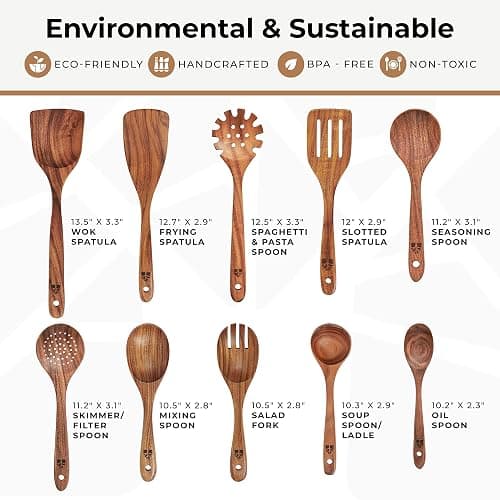 Wooden Spoons for Cooking, 10 Pcs Wooden Cooking Utensils Set – Wooden Utensil Set for Nonstick Pans & Cookware – Teak Wood - Sturdy, Lightweight & Heat Resistant thumbnail 3