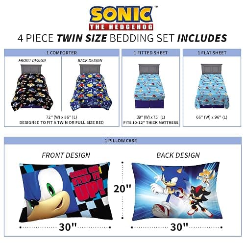 Sonic the Hedgehog Anime Kids Super Soft Comforter and Sheet Set, 4 Piece Twin Size by Franco thumbnail 4