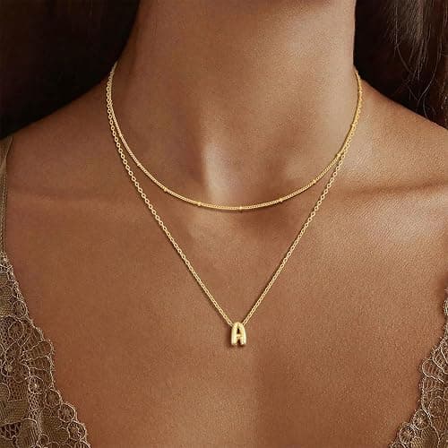 Thaivor Bubble Gold Silver Letter Necklace Layered Initial Necklaces for Women Tiny Pendant Necklaces Dainty Choker Necklace Cute Necklace Stack Teen Gift Trendy Stuff Personalized Jewelry Gifts thumbnail 2