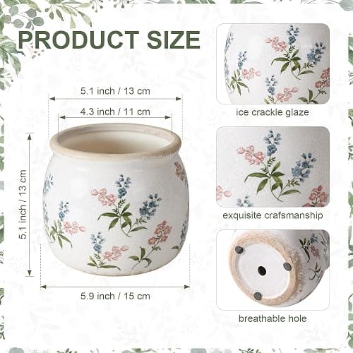 DREAMLOOM Vintage Ceramic Planter for Indoor Plants,6.1" Ice Crack Cottage Scroll Vase Tuscan Decor Flower Pots with Drainage Holes Home Kitchen Farmhouse Antique Decorative Gift (Red-Round) thumbnail 2