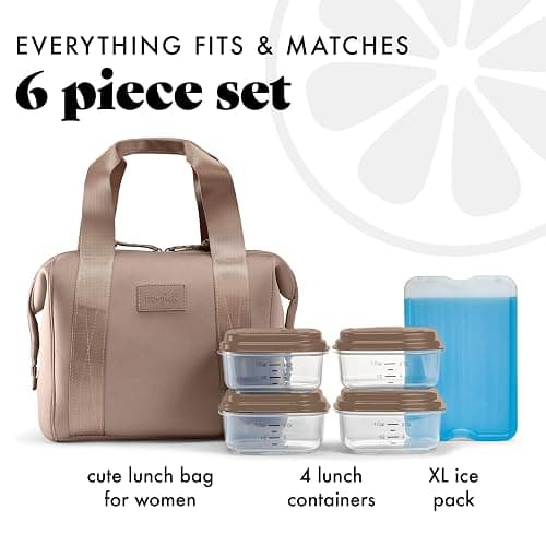 Fit & Fresh Remi Neoprene Lunch Bag For Women - Meal Prep Kit with Containers & XL Ice Pack, Self Insulating Neoprene-like Material, Machine Washable Lunch Bag, Tear-Resistant, Stain-Resistant, Taupe thumbnail 4
