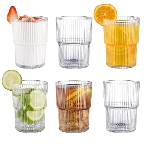 BJMEDYM Ribbed Glassesware 14 Oz Ripple Drinking Glasses Iced Coffee Glasses Glass Cup Set Of 6 Vintage Drinking Glasses Water Glasses Fluted Glassware Cocktail Glass Cute Glass Cups - Image 1