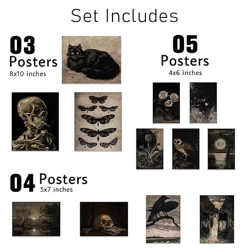 KONGSY Gothic Victorian Grunge Wall Art Prints - Set of 12 Unframed | Dark Moody Aesthetic Pictures, Creepy Goth Posters, Vintage Gothic Paintings for Home, Bedroom, Dorm Decor Decorations - Gothic thumbnail 2