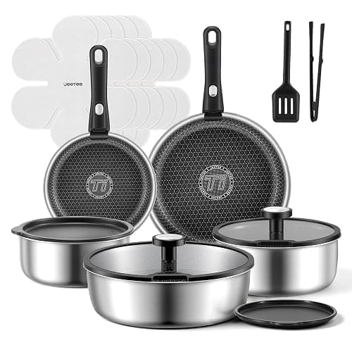 JEETEE Hybrid Stainless Steel Cookware Set with Detachable Handle, 18Pcs Pots and Pans Set Non Stick, Induction Kitchen Cookware Sets Removeble Handles, Camping RV Cooking Set, Dishwasher & Oven Safe - Image 1