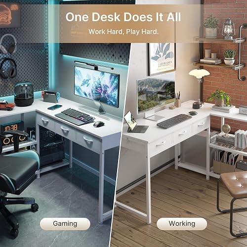Gizoon 53 Inch White L Shaped Gaming Desk with CPU Stand & Power Outlet - Reversible Corner Desk with Drawers, Storage Shelves and 2 Hooks for Gaming Setup, Home Office, Living Room thumbnail 4