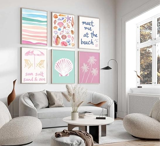 6Pcs Pink Beach Preppy Canvas Wall Art Colorful Coastal Seashell Picture Wall Decor Seaside Beachy Palm Tree Aesthetic Posters Cute Summer Ocean Painting Print Artwork for Girls Bedroom Dorm Apartment thumbnail 2