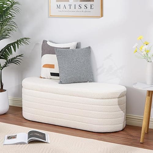 OuchTek Teddy Sherpa Storage Ottoman Bench, Modern Upholstered Window Bench with Safety Hinge Lid, Oval White Ottoman for Living Room, Bedroom End of Bed thumbnail 7