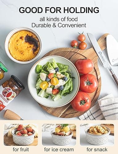 MISSYSSIM 12 oz Souffle Ramekins Oven Safe with Lids, Small Creme Brulee Dishes, Ceramic Custard Cups Baking Bowls for Dessert, Dipping Sauce, Pudding, Set of 4, Beige thumbnail 6