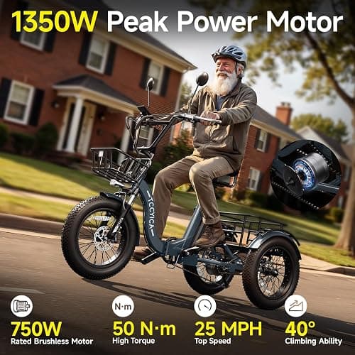 tccyica Electric Tricycle for Adults, Fat Tire 3 Wheel Electric Trike Ebike, 750W Motor Peak 1350W, 52V 32Ah Removable Battery, 50 Miles Range, 7 Speed, 4-Piston Hydraulic Brakes, Cargo Rack thumbnail 2