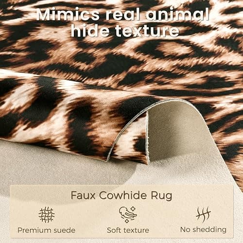Pettop Luxury Faux Leopard Print Rug 4.6x5.2 Ft - Western Cheetah Area Rugs for Living Room, Bedroom, Farmhouse - Premium Western Faux Fur Carpet, Non-Slip Animal Hide Throw Rugs, Dark Brown thumbnail 5