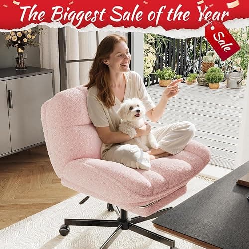 DurayLoly Cross Legged Office Chair with Foot Rest, 6.3" Thick Cushioned Criss Cross Chair with Wheels, Height Adjustable Swivel Vanity Chair for All-Day Comfort (Pink) thumbnail 4