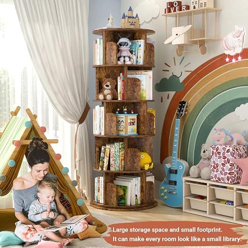Besiost Rotating Bookshelf Tower, 5 Tier Spinning Bookcase, Revolving 360 Book Shelf Narrow Tall Bookcase, Vertical Turning Round Bookshelf Organizer, Corner Book Shelf for Small Space, Rustic Brown thumbnail 4