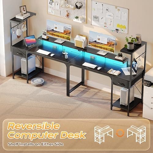 PRAISUN 47.2 Inch Gaming Desk with LED Lights & Power Outlets | Computer Desk with Drawer & Storage Shelves, Office Writing Desk with Monitor Stand for Work from Home, Black thumbnail 4