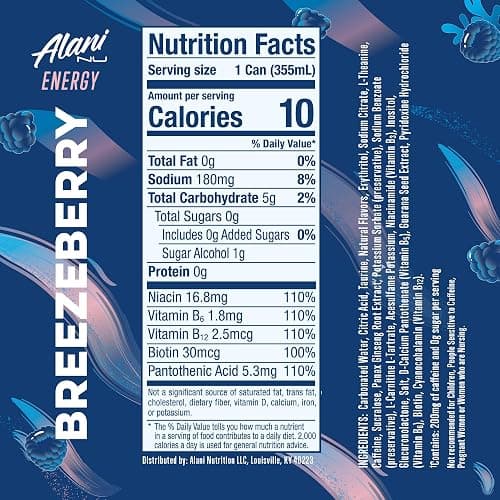 Alani Nu BREEZEBERRY, Sugar Free, Low Calorie Energy Drinks, 200mg Caffeine, Biotin, B Vitamins, Zero Sugar, 10 Calories, 12 Fl Oz Cans, 12 Pack thumbnail 2