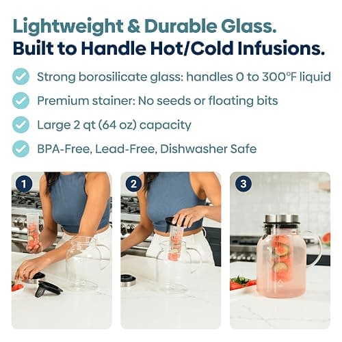 Infusion Pro Glass Fruit Infuser Water Pitcher, 2 Qt | Heat Resistant for Hot/Cold Use, Iced Tea Pitcher, Tranquil Collection thumbnail 3