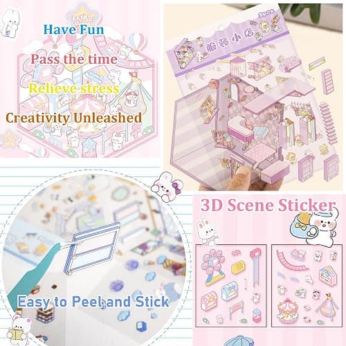 24 Sets 3D Sticker Scene, Sticker Therapy DIY, Kawaii 3D Stickers for Adults Girls Kids, Build Your Own Scene Stickers Collection Cozy Room Cute Miniature House Shop, Relief Stress Pass The Time thumbnail 5