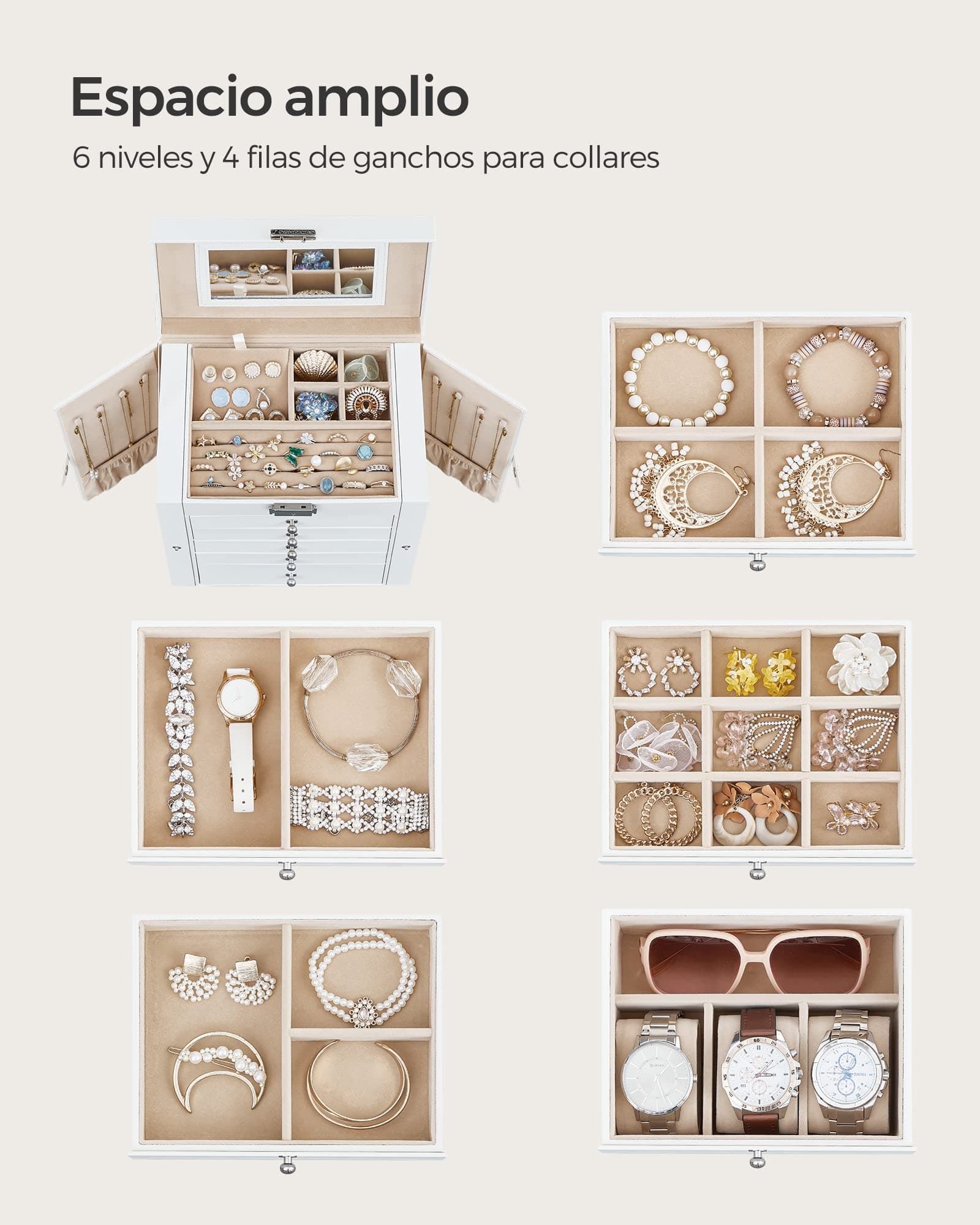 SONGMICS Caja para Joyas de 6 Niveles, Caja Joyero con 5 Cajones, Espejo, Cerradura, Superficie Blanco Nube y Forro Beige Arena MJBC152W01 thumbnail 4