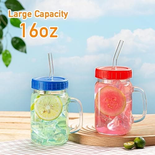 wookgreat Mason Jars with Handle, 12 Pack 16oz Jar Drinking glasses lid and straw, Cups, Regular Mouth mugs for Iced Coffee, Smoothie, Airtight Lids Food Storage, clear thumbnail 3