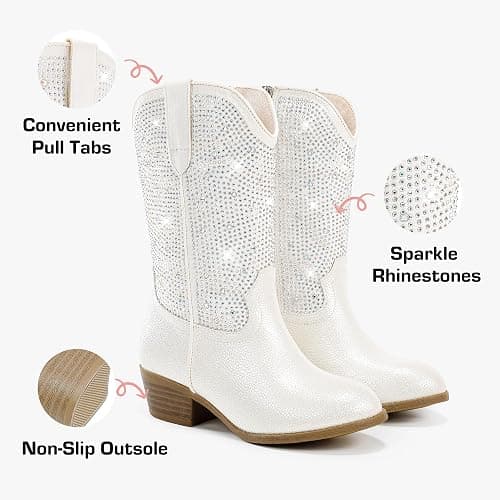Motasha Rhinestone Sparkly Girls Cowgirl Cowboy Boots Little Kids Dress Boot Pointed Toes Low Heel Mid Calf Zipper Party Birthday Toddler to Big Kid thumbnail 6