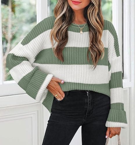 ZESICA Women's 2026 Fall Long Sleeve Oversized Striped Color Block Comfy Loose Crew Neck Knitted Pullover Sweater thumbnail 2